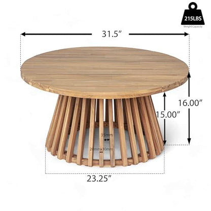 Hakee Acacia Wood Patio Coffee Table, Round Coffee Table with Unique Wooden Base, Stylish Indoor/Outdoor Table, Easy Assembly, 31.5" x 31.5" x 16", Light Teak