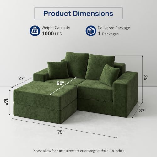 Cloud Modular Sectional Sofa, Comfy Boneless Couch for Living Room, Modern L-Shaped Couch with Reversible Chaise, Customizable Sleeper Sofa with Non Slip, No Assembly & Deep Seat, Green