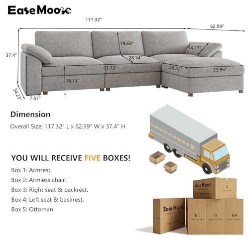 Oversized L Shape Sectional Modular Sofa,Wide Deep seat Sectional Sofa,Comfortable Grey Cloud Modular Sofa
