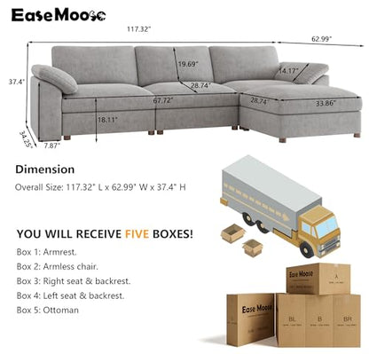 Oversized L Shape Sectional Modular Sofa,Wide Deep seat Sectional Sofa,Comfortable Grey Cloud Modular Sofa