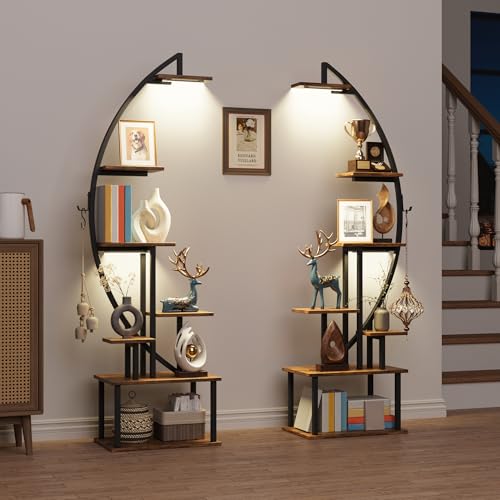 Tall Bookshelf with Lights, 2 Pack Ladder Bookcase, view 2