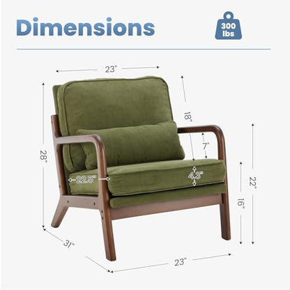 Mid Century Modern Accent Chair, Upholstered Low Armchair with Lumbar Pillow and Solid Wooden Frame, Lounge Chair for Small Living Room, Bedroom, Reading Nook, Green