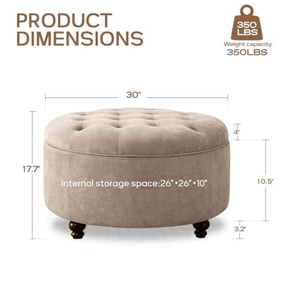 30-Inch Round Storage Ottoman, Modern Button Tufted Coffee Table with Removable Top, Upholstered Ottoman with Storage Footrest Stool for Living Room, Bedroom and Office(Brown)