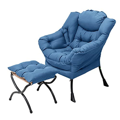 Lazy Chair with Ottoman, Modern Accent Chair with Armrests and a Side Pocket, Leisure Sofa Armchair, Reading Armchair with Footrest for Small Space, Royal Blue