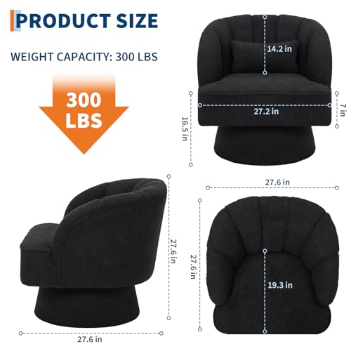Modern Swivel Teddy Fabric Armchair with Striped Backrest and Plush Padding in Black, view 3