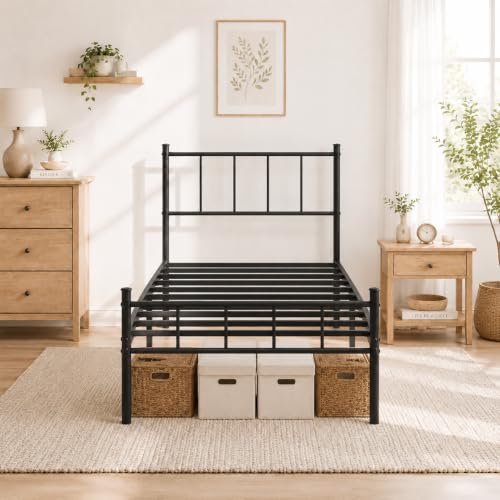 Twin Bed Frame with Headboard,Steel Slat Support,Easy Assembly, view 5