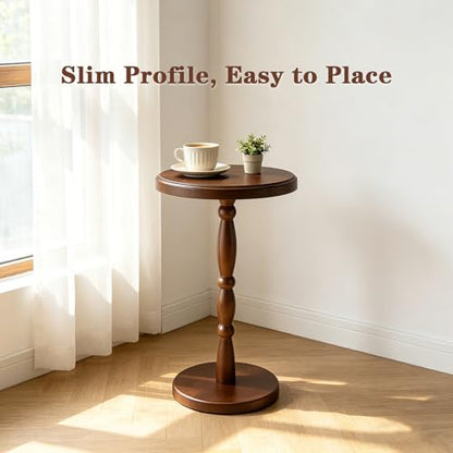 12" Real Wood Round Drink Table, Small Pedestal Side Table with Decorative Beaded Design, Accent End Table for Living Room and Bedroom, Brown
