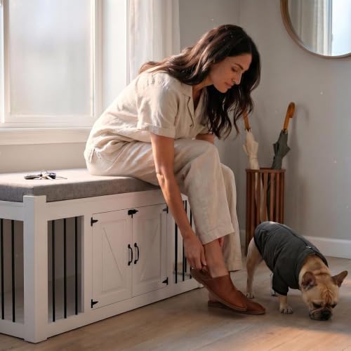 Dog Crate Furniture with Padded Seat, Luxury Wooden Dog Kennel, view 3