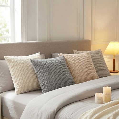 Fancy Homi 4 Packs Decorative Throw Pillow Covers for Living Room Couch Bed, Modern Farmhouse Boho Home Décor Accent Cushion Case, 18" x 18", Neutral