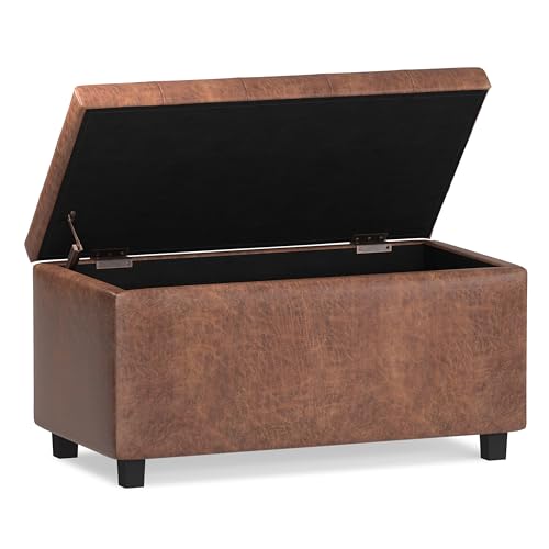 Cosmopolitan Storage Ottoman - 34 inch Wide Upholstered Vegan Leather Rectangle Storage Ottoman Bench in Distressed Saddle Brown, Transitional Tufted Ottoman for Entryway with Lift-Up Lid