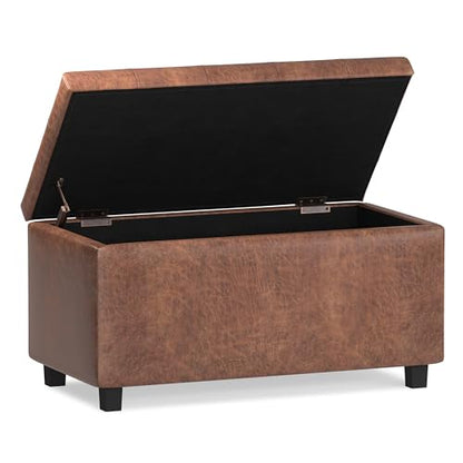 Cosmopolitan Storage Ottoman - 34 inch Wide Upholstered Vegan Leather Rectangle Storage Ottoman Bench in Distressed Saddle Brown, Transitional Tufted Ottoman for Entryway with Lift-Up Lid