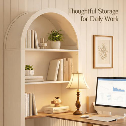 61" L Shaped Desk with Arched Hutch, White Corner Computer Desk with Power Outlets, 3 Drawers, File Cabinet and Sliding Door Storage for Home Office