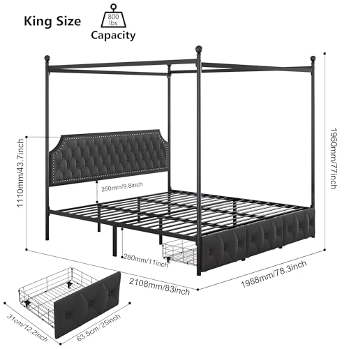 King Upholstered Canopy Bed Frame with 3 Storage Drawers & Button Tufted, view 3