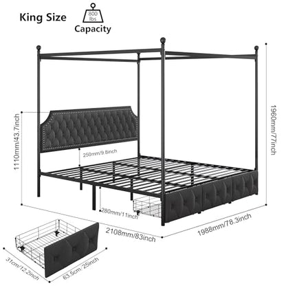 King Upholstered Canopy Bed Frame with 3 Storage Drawers & Button Tufted, view 3