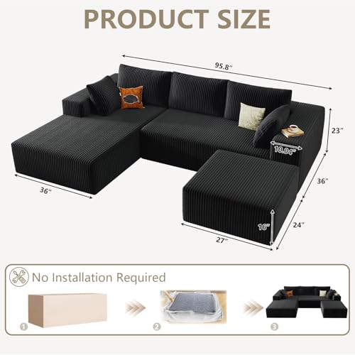 96" Cloud Sectional Couch with U-Shaped Chaise, Corduroy Sectional Sofa with Ottoman, Boneless Couch with Deep Seat in a Box for Living Room, No Assembly Required (Black, Left Facing Chaise)