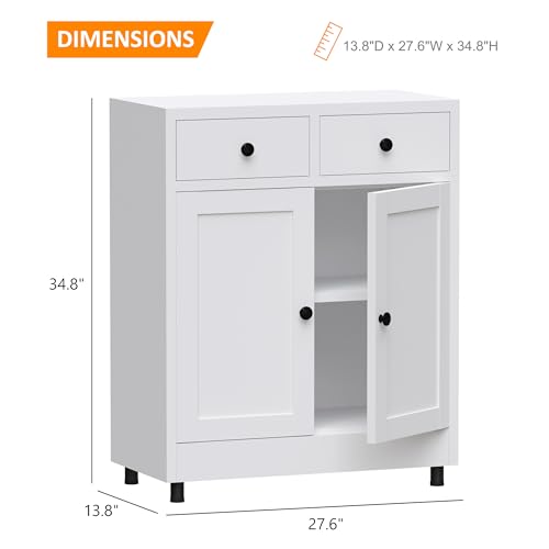 Metal Storage Cabinet with 2 Drawers and Adjustable Shelf, Sideboard Buffet Cabinet for Home, Office, Hallway, Entryway, Living Room, Kitchen Pantry and Dining Room (White)