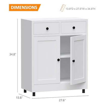 Metal Storage Cabinet with 2 Drawers and Adjustable Shelf, Sideboard Buffet Cabinet for Home, Office, Hallway, Entryway, Living Room, Kitchen Pantry and Dining Room (White)