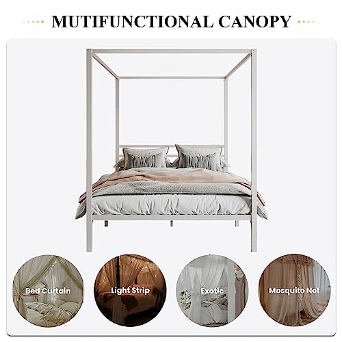 Queen Size Canopy Bed Frame with Heavy Duty Metal Slats, White, view 4