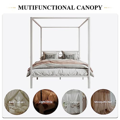 Queen Size Canopy Bed Frame with Heavy Duty Metal Slats, White, view 4