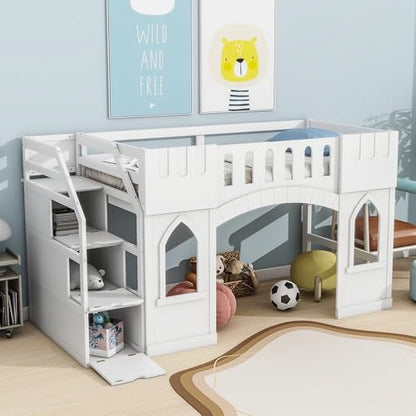 LUMISOL Kids Twin Low Loft Bed with Rails, Solid Wood Loft Bed Frame with Staircase, Window and Guardrails for Kids, No Box Spring Needed, White