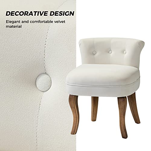 Velvet Vanity Stool with Low Back, Ivory | Small Modern Vanity Chair with Solid Wood Legs for Women Girls, Bedroom, Dressing Table