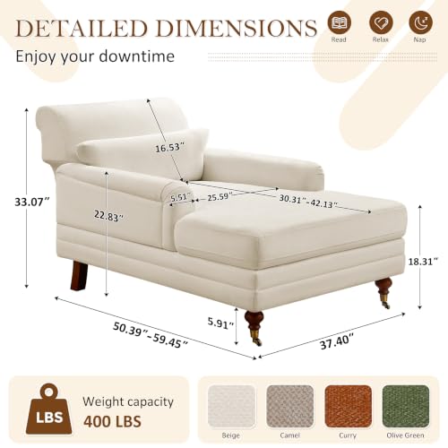 59.45'' Chaise Lounge Chair with Adjustable Backrest, Chenille Beige, view 3