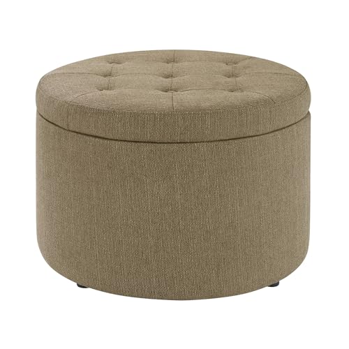Designs4Comfort Round Shoe Ottoman 22" - Upholstered Footstool, Small Table, & Seat with Storage Compartment for Living Room, Entryway, Bedroom, Sandstone Fabric