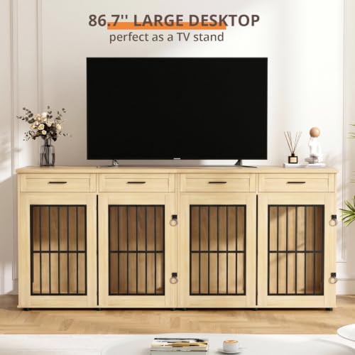 87"Dog Crate Furniture for 2 Dogs, Double Dog Cage Furniture,Natural, view 7