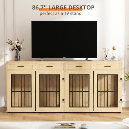 87"Dog Crate Furniture for 2 Dogs, Double Dog Cage Furniture,Natural, view 7
