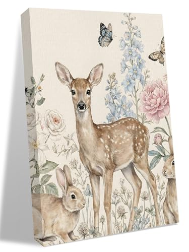 NuYeBiofx Farmhouse Deer Rabbit Butterfly Canvas Wall Art Prints,40"x28" Framed Picture Artwork Retro Pastoral Flower Leaf Printed Canvas Oil Painting for Living Room Bedroom Office,Ready to Hang