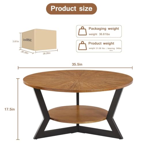 Round Coffee Table, Solid Wood Circle Coffee Table with 2-Tier Storage, view 4
