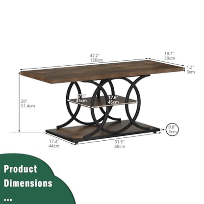 Rustic Coffee Table with Storage Industrial 3 Tier Center Living Room Table Farmhouse Wooden Rectangle Cocktail Tea Table for Office Bedroom Elegant Full Moon Round Metal Frame (Brown, L-47)