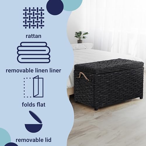 HPM9003D Jacob 31.5" Handwoven Wicker Storage Trunk, Distressed Black, Collapsible for flat storage, for Office, Dorm Room, Entryway, Bedroom, Dining Room