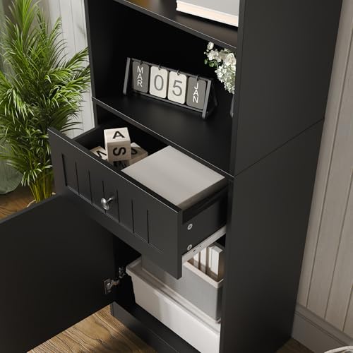 Farmhouse 71" Tall Bookshelf with Drawer, Narrow Bookcase with Adjustable Left/Right Door, Adjustable Shelf, Freestanding Display Book Shelf for Bedroom,Living Room, Office, Black