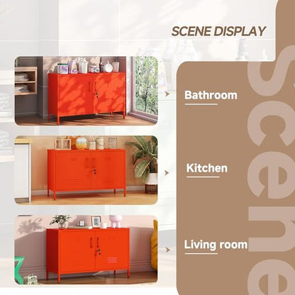 25.2" H Metal Locker Storage Cabinet with 2 Locks, Steel Low Lockerable Orange TV Stand with Adjustable Shelves, 2 Door Metal Accent Buffet Cabinet for Bathroom Kitchen Living Room Office