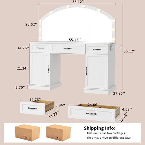 Large Vanity Desk with Mirror and Lights, 55" Makeup Vanity Table with Glass Top, view 3