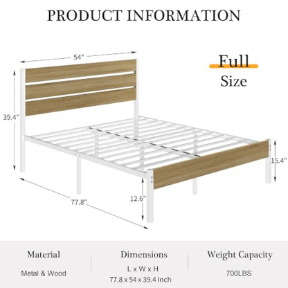 Full Size Metal Bed Frame with Natural Wood Headboard, view 3
