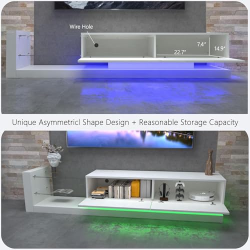 LED TV Stand for 55 65 75 Inch TV, Entertainment Center Equipped with Two Pull-Down Door Storage, 50 60 70 Inch TV Console with Tempered Glass and Power Cord for Living Room, White