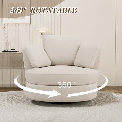 40.6" Oversized Swivel Accent Chair, Upholstered Round Barrel Chair with Pillows Swivel Chairs for Living Room Bedroom,Chenille,Beige
