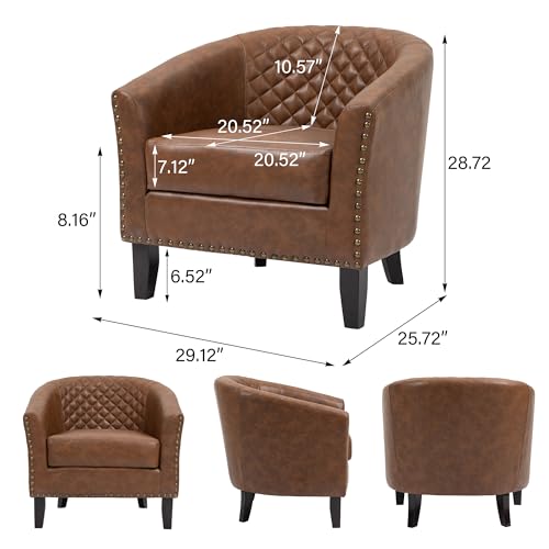 Accent Barrel Chair, Upholstered Faux Leather Club Chair with Nailed Trim, Comfy Reading Armchair for Living Room Bedroom Reception Room Office (Brown, Set of 4)