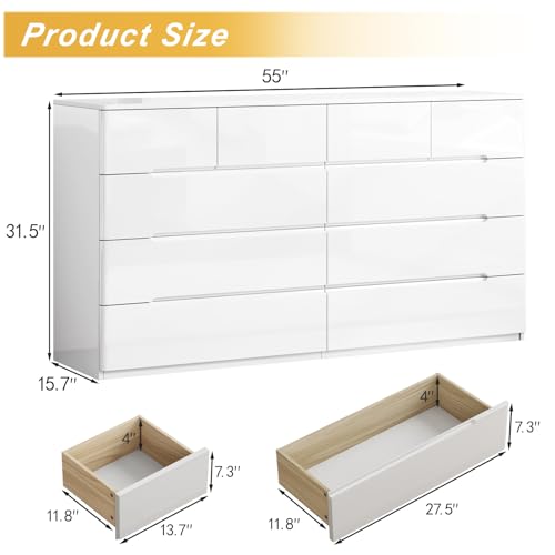 10 Drawer Dresser for Bedroom, 55" Long High Gloss Dresser, White, view 3