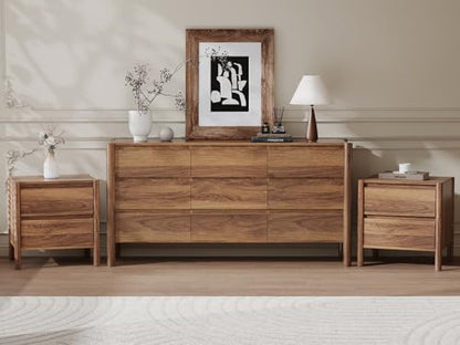 3-Piece Bedroom Dresser Set-9 Drawer Dresser & 2 Nightstands,63" Wide Walnurt Dresser and Night Stands with Solid Wood Cylindrical Legs,Rustic Wooden Storage for Bedroom