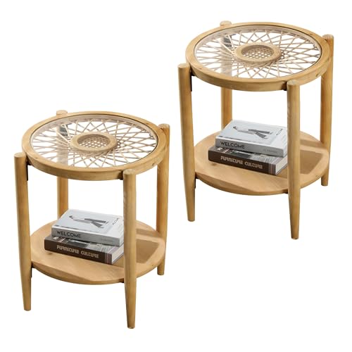 Rattan Nightstands Set of 2,Boho Wood Round Side Tables, 2-Tier Natural End Table with Glass Top and Wood Legs, Sofa Side Table Bedside Table for Living Room Bedroom Couch(Natural)