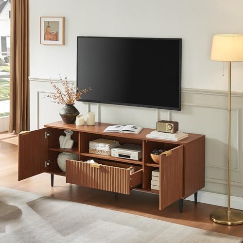 Modern Fluted TV Stand for 65 Inch TVs with Drawer, Walnut, view 4