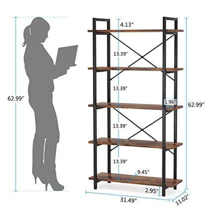 Tribesigns 5 Tier Bookshelf, Industrial Etagere Bookcase with Heavy-Duty Metal Frame, Rustic Tall Book Shelf Unit for Living Room, Study, Home Office (1, Rustic)