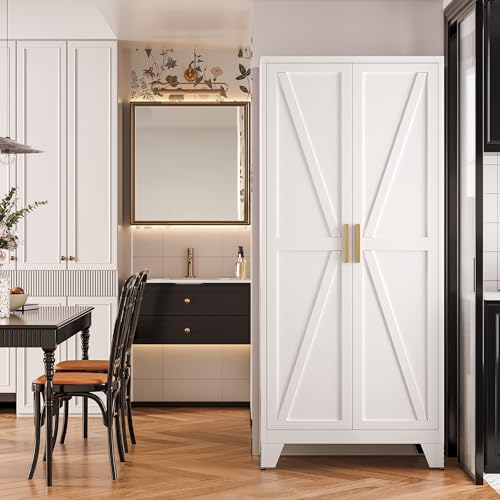 71" Metal Storage Cabinet with Doors and Shelves, Tall Pantry Cabinet in White with 2 Doors & 4 Adjustable Shelves, All-Steel Farmhouse Cupboard for Kitchen, Living Room,Home Office,Garage