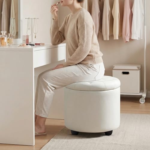 Upholstered Button Tufted Round Ottoman, PU Storage Ottoman Round, Removable Lid Convenient Footstools, Classic Ottoman with Storage for Nursery Room, IvoryWhite