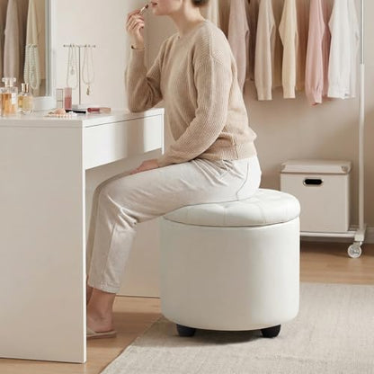 Upholstered Button Tufted Round Ottoman, PU Storage Ottoman Round, Removable Lid Convenient Footstools, Classic Ottoman with Storage for Nursery Room, IvoryWhite
