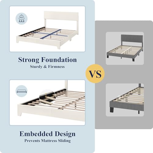 Queen Size Upholstered Bed Frame Adjustable Headboard, White, view 7