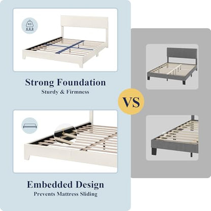 Queen Size Upholstered Bed Frame Adjustable Headboard, White, view 7